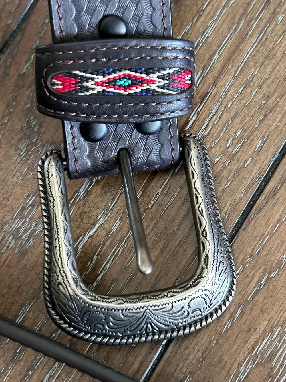 Southwestern Basketweave Brown Leather Belt Embroidered Aztec Inlay With Conchos